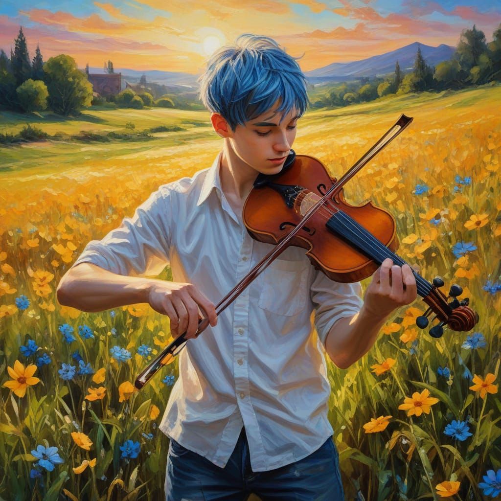 Sun-Kissed Violinist in a Vibrant Wildflower Meadow