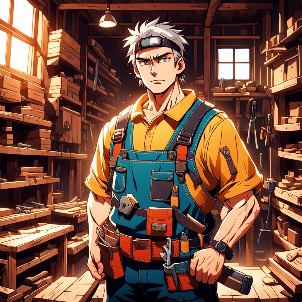 Anime Carpenter Portrait in Wooden Workshop