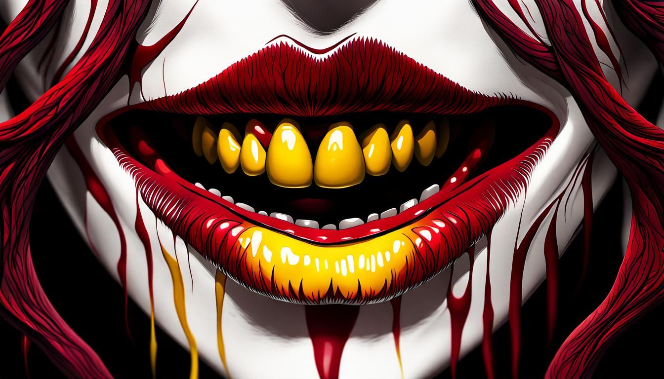 a creepy smile close up, white powdery skin, dark dry crusty red lips with yellow pointy teeth, acrylic and ink mixed me...
