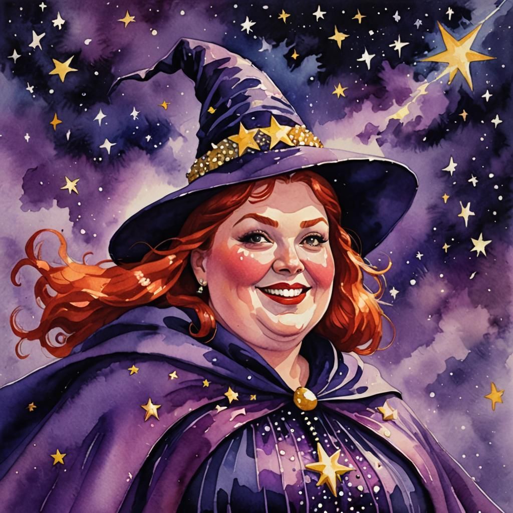 Obese Witch Flies in Starry Sky as Gouache Painting