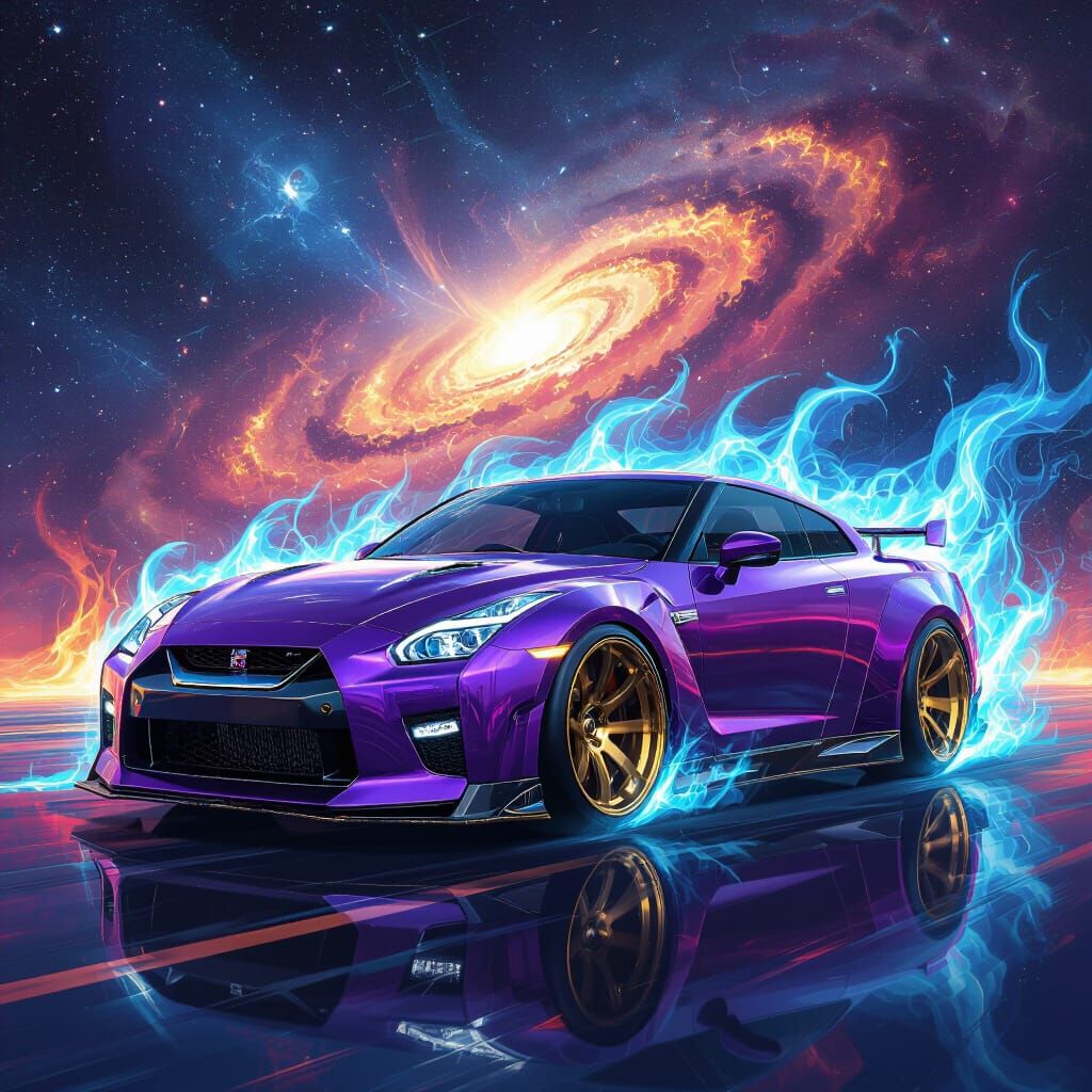 Purple GTR4 with Golden Rims and Cosmic Galaxy Background