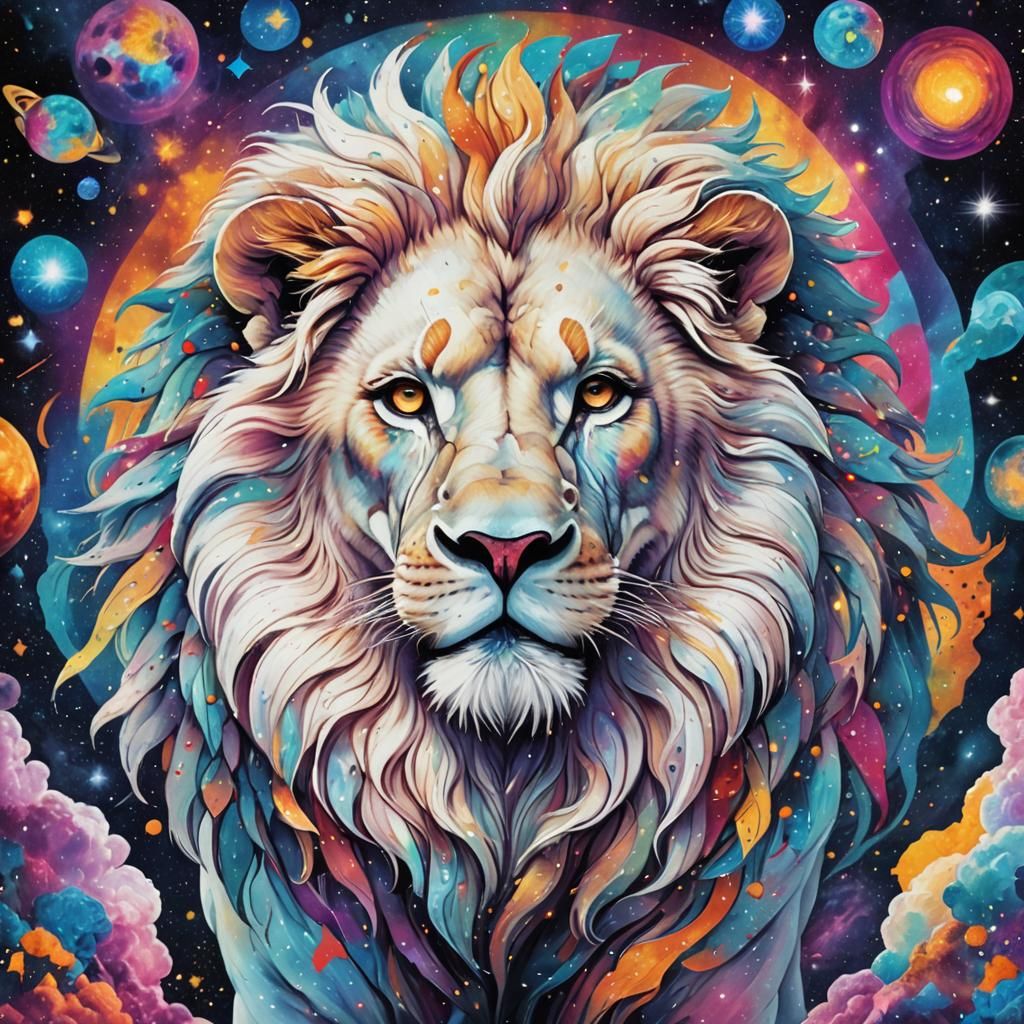 Cosmic White Lion: Holographic Astral Illustration