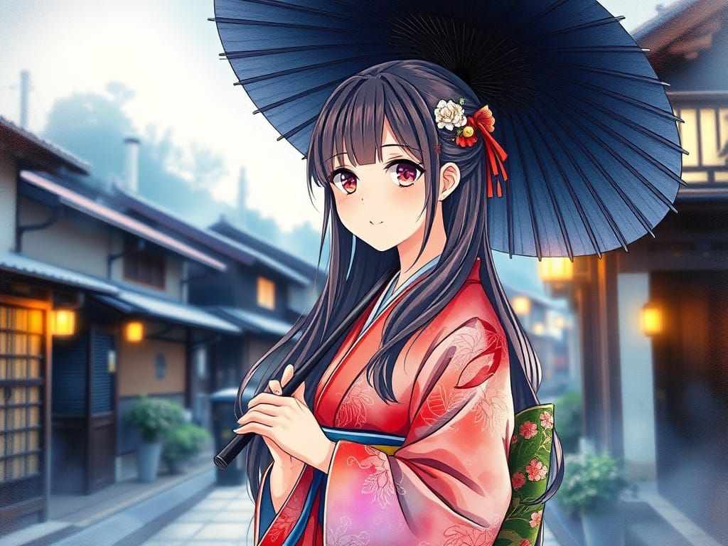 Ethereal Japanese Village Girl with Umbrella