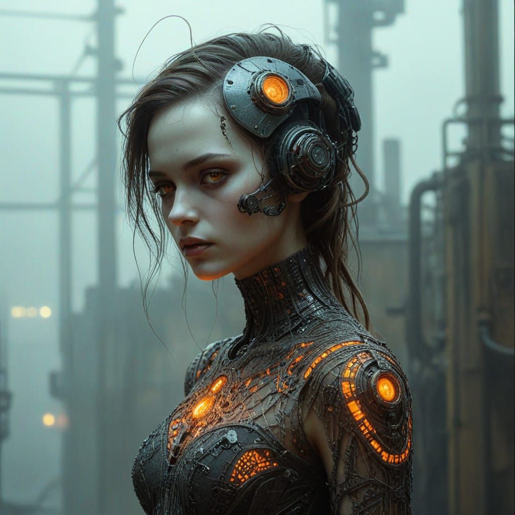 Biopunk Android Woman in Glowing Factory Dress