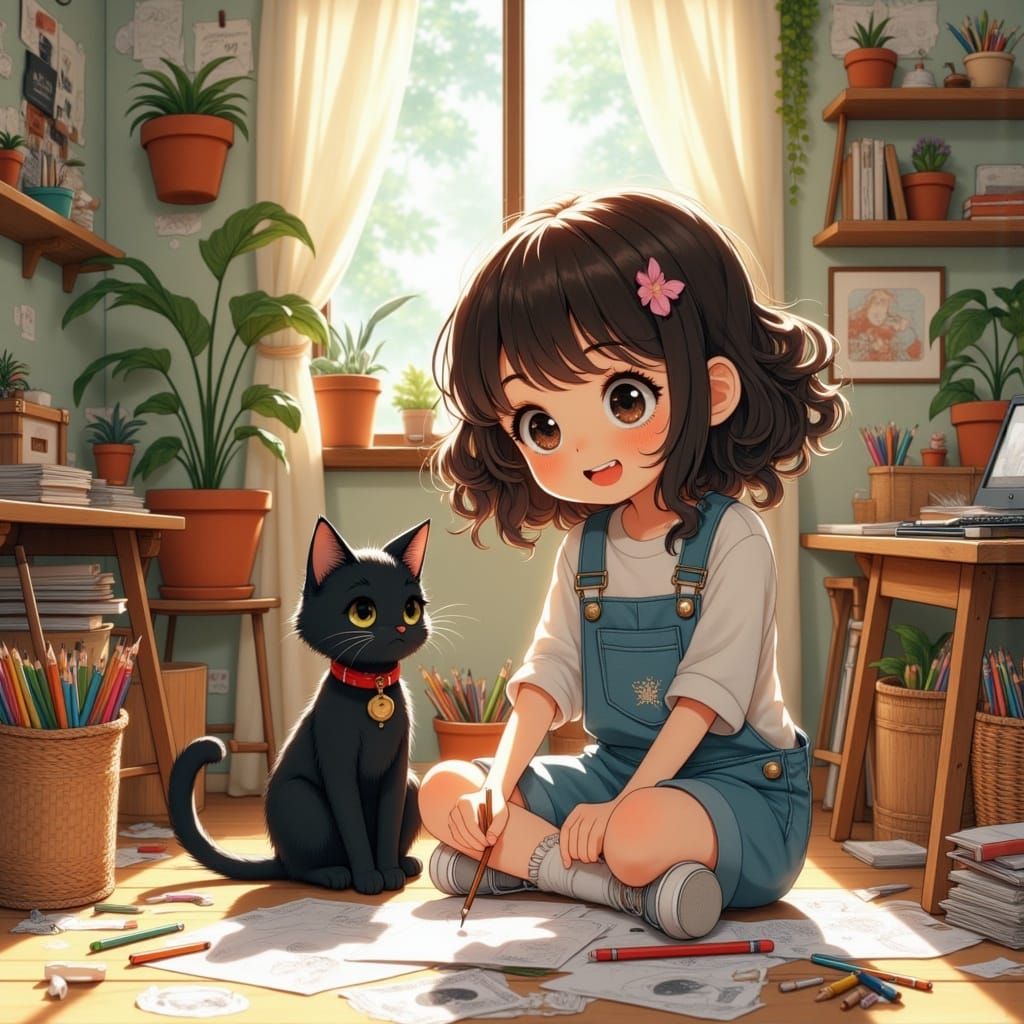 Cozy Whimsical Scene of Girl Drawing with Cat in Warm Sunlig...