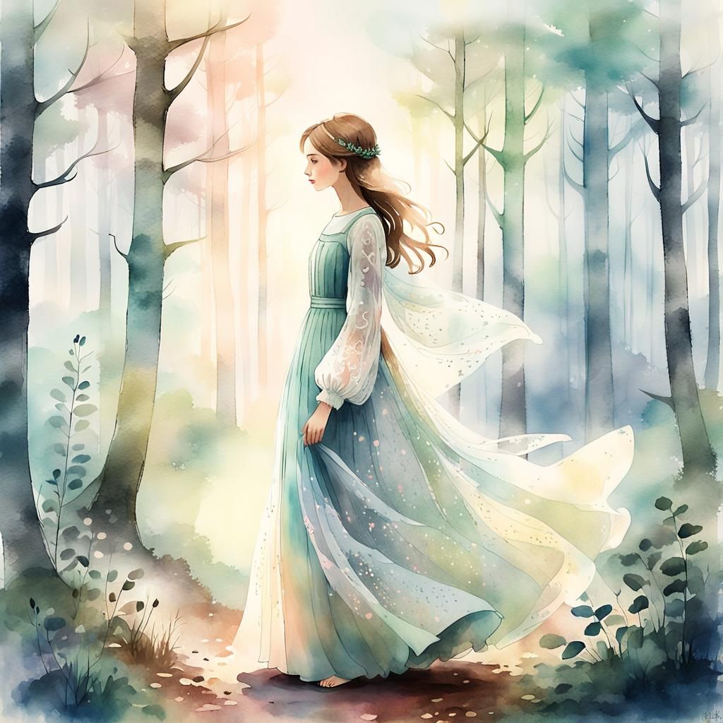 Dreamy Watercolor: Woman in Misty Forest