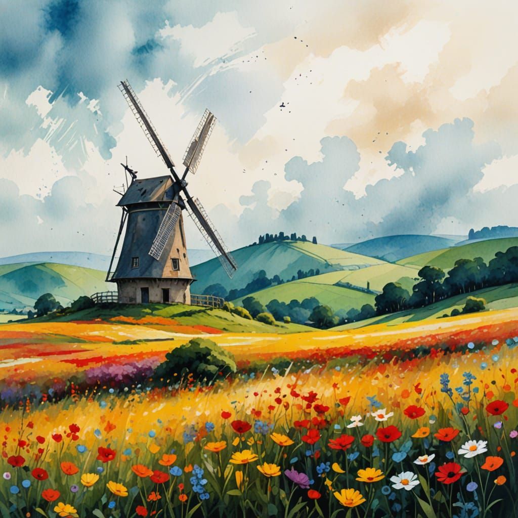 Windmill Landscape in Expressionist Watercolour Style