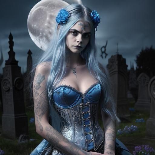 Ethereal Blue-Haired Woman in Moonlit Graveyard