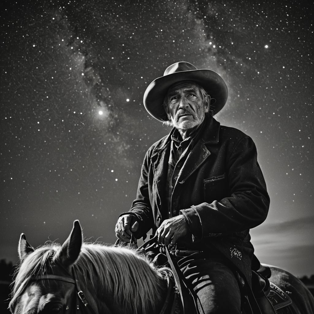 Cowboy Rides Under Starry Sky: Black and White Portrait