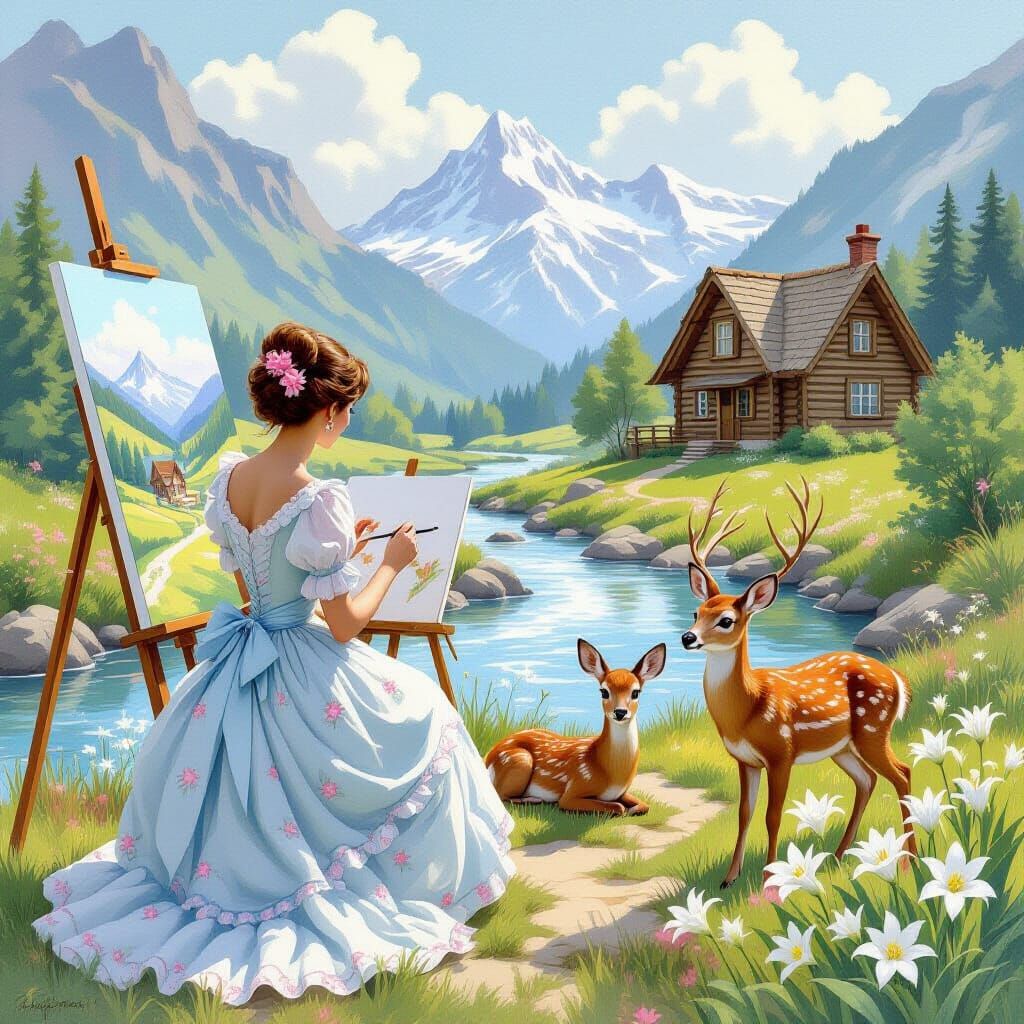 Artist Painting Cabin Scene in Storybook Style