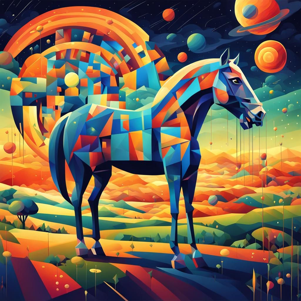 Cubist Horse with Long Legs on Glowing Planets