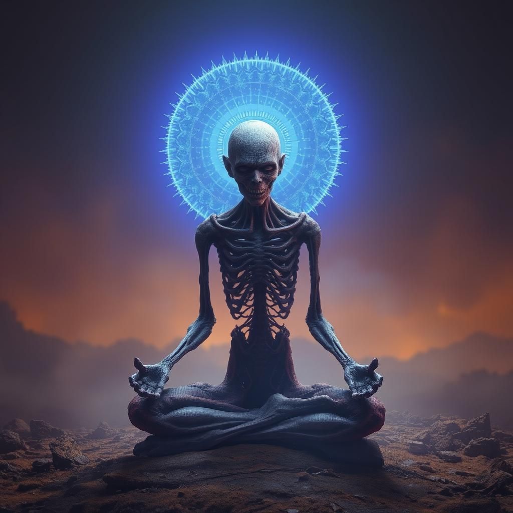 Meditating Zombie with Blue Halo in Dark Fantasy Style