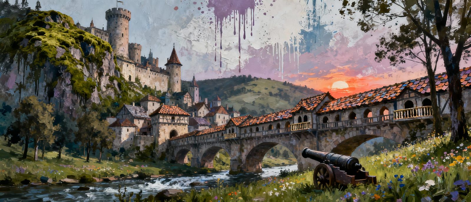 Abstract Castle and Village on Mountain in Pastel Colors