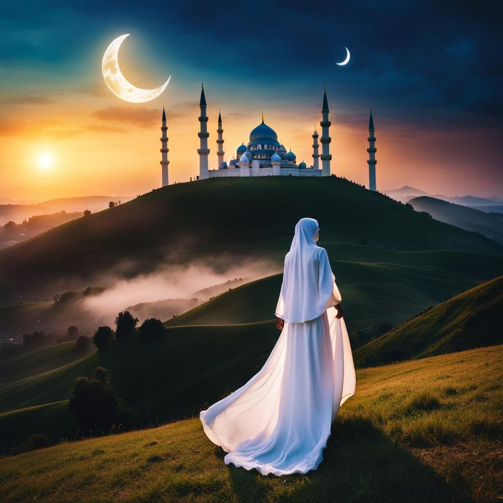 Muslim Woman in Hijab Floating with Colorful Smoke