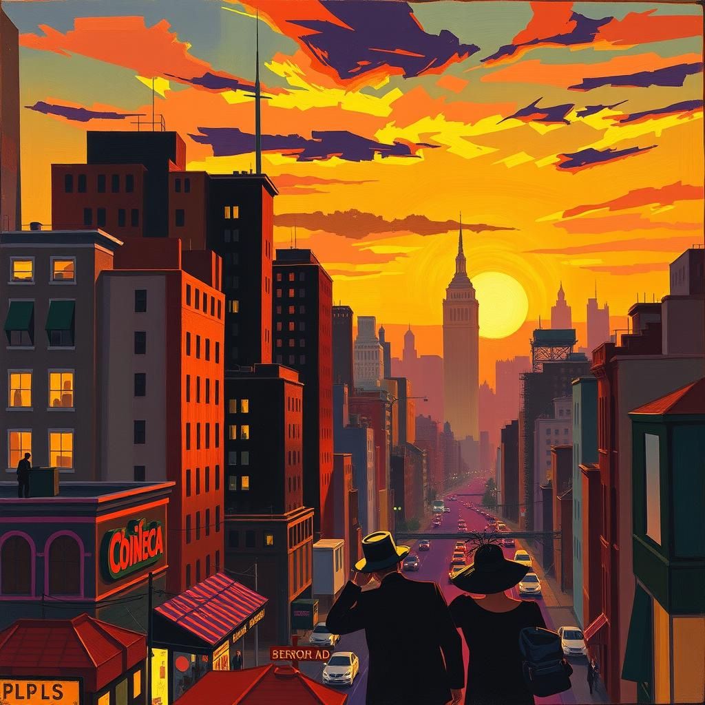 1920s Cityscape Sunset in Jazz Age Style
