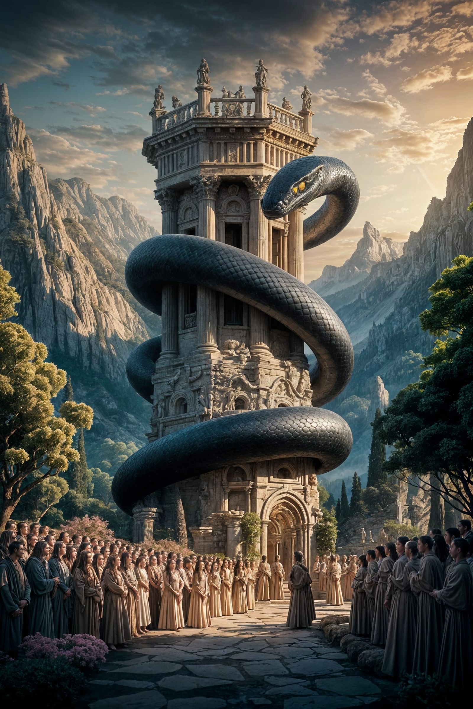 Giant Serpent Coiled Around Ancient Tower in Golden Light