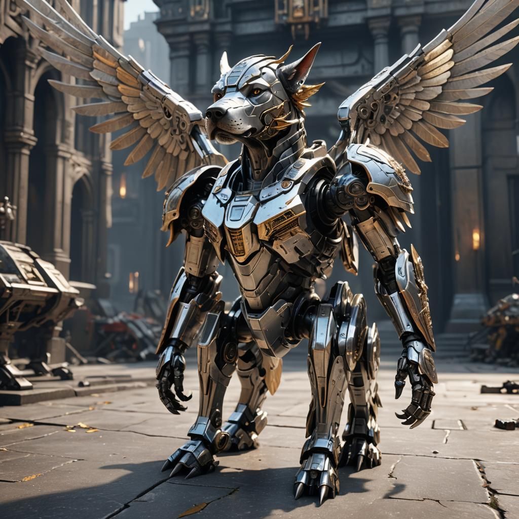 Armored Winged Dog with Sword in Sci-Fi Style