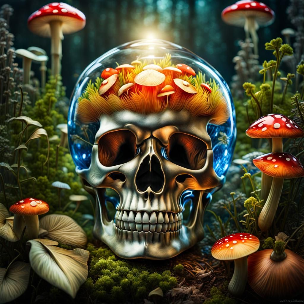 Glass Skull with Glowing Mushroom Garden
