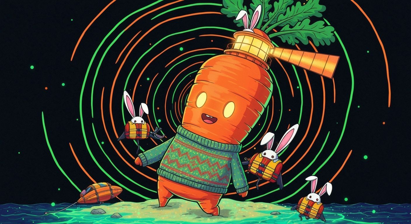 Giant Carrot Lighthouse on Bioluminescent Beach