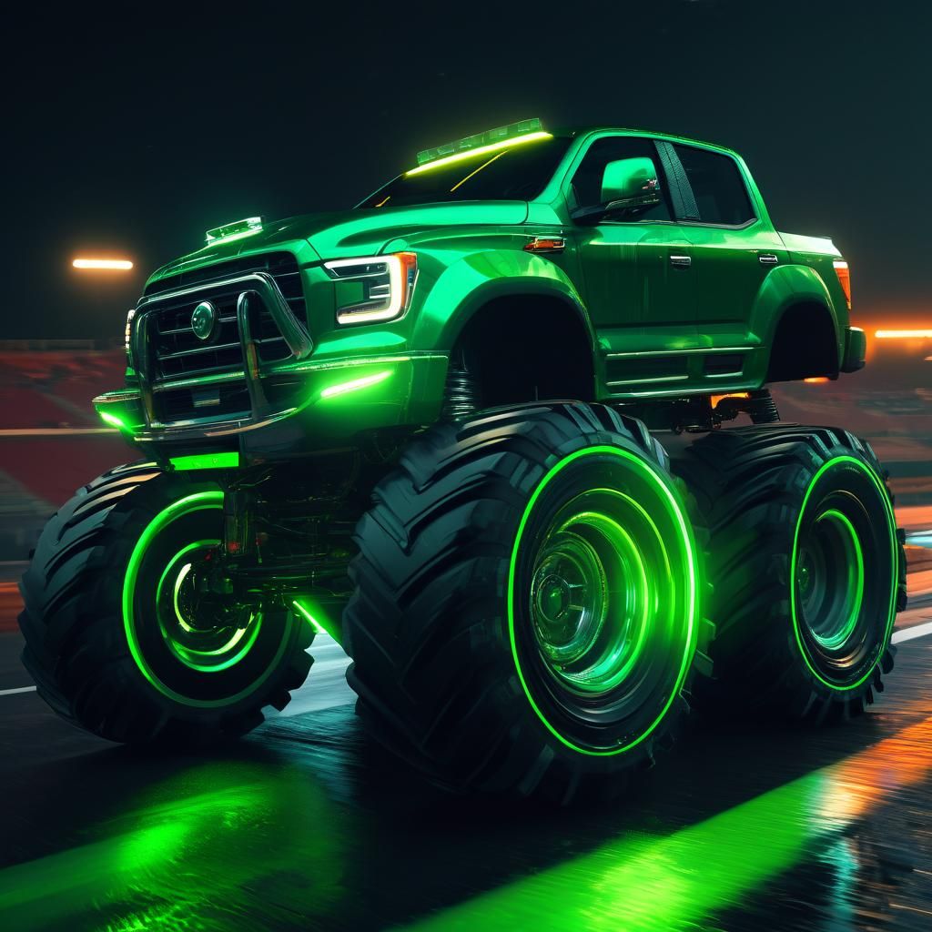 Green Carro Truck Races in Neon-lit 3D Anime Art