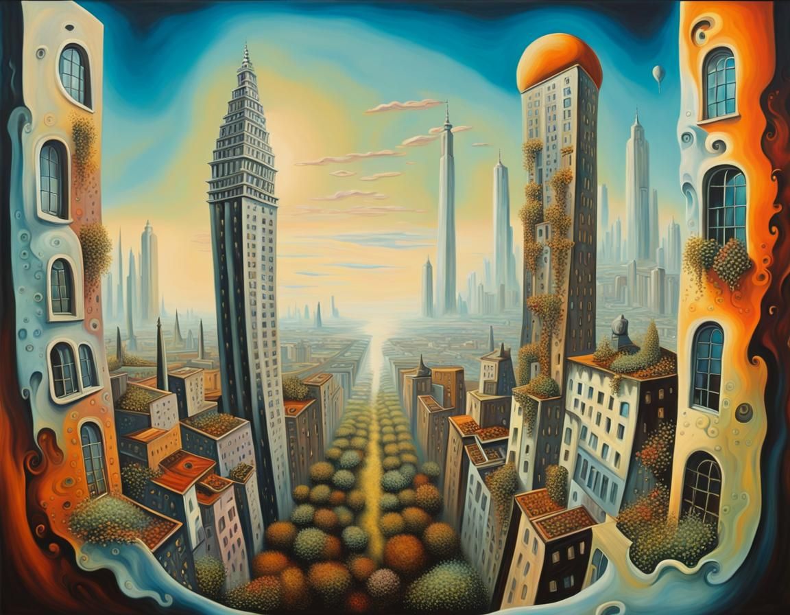 Surreal Skyscraper City with Ornate Gardens