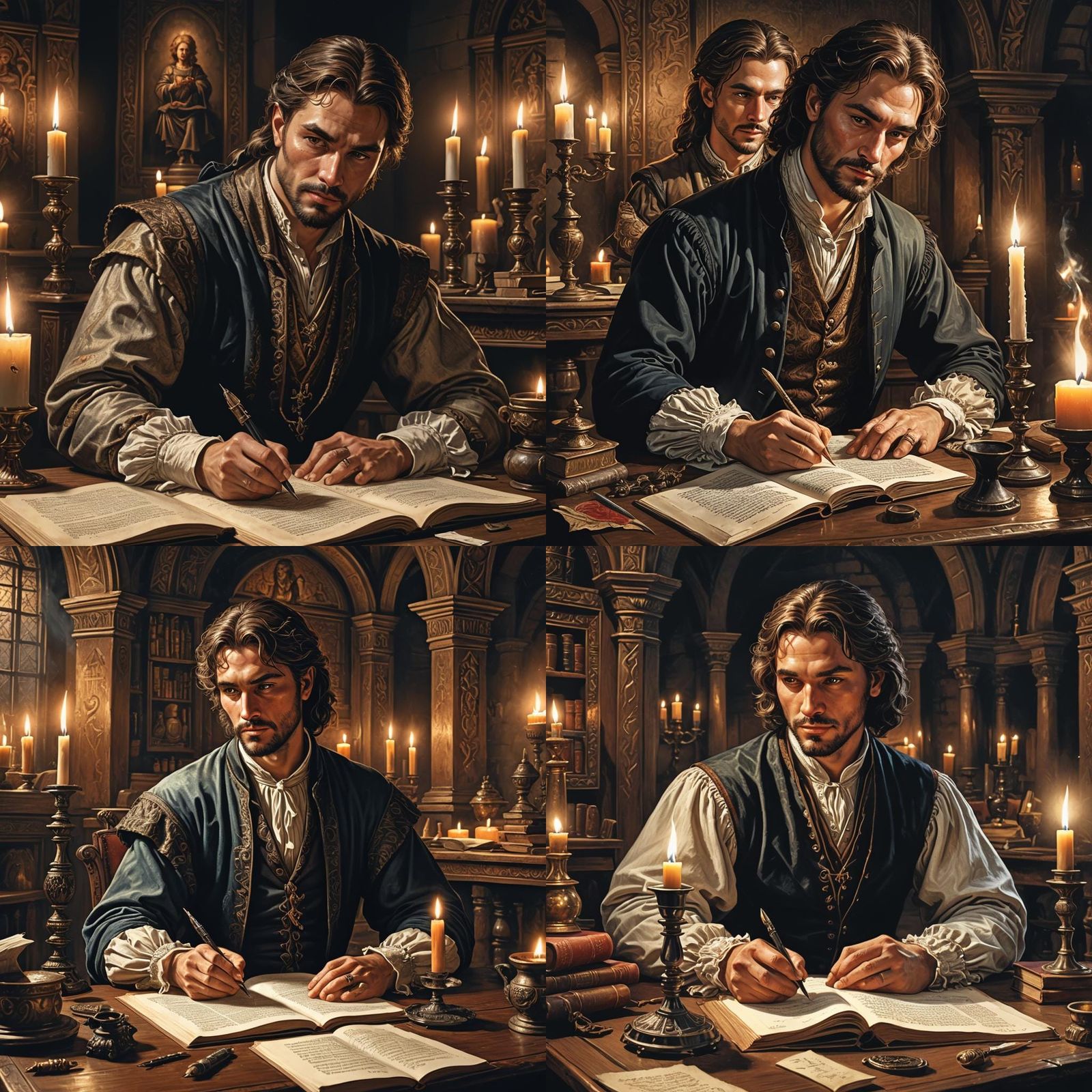 Handsome Renaissance Man Writing by Candlelight