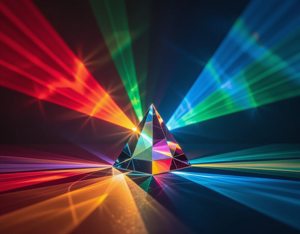 Glass Prism Illuminated by Colored Light Beams