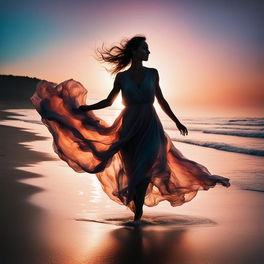woman in light weightless beach dress silhouette during sunset