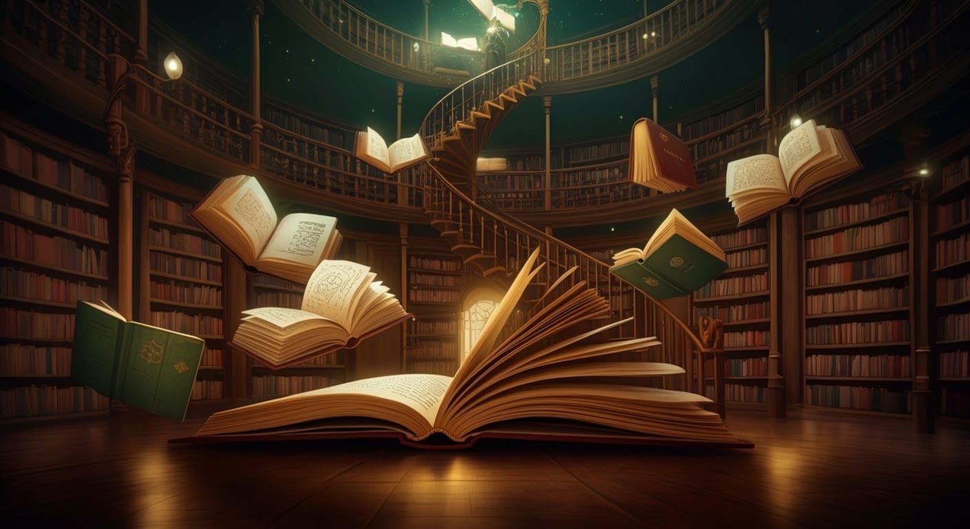 Impossible Library with AI Librarian in Fantasy Style
