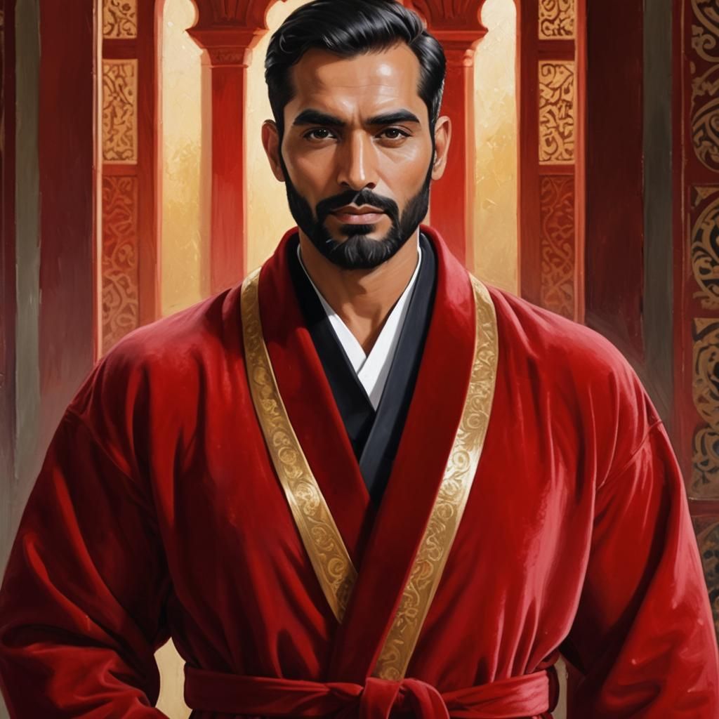 Elegant Man in Red Velvet Robe, Oil Painting