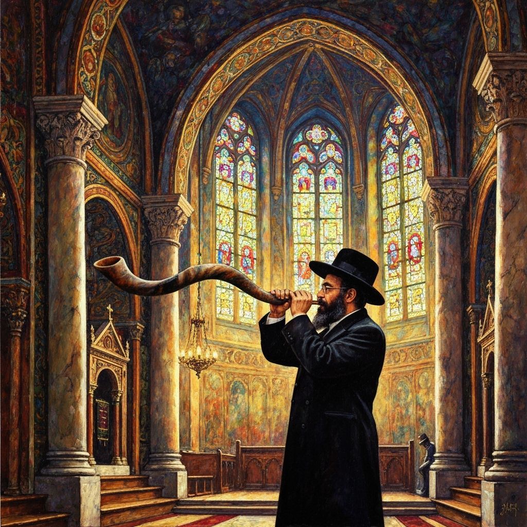 Hasidic Man Blowing Shofar in Ornate Synagogue