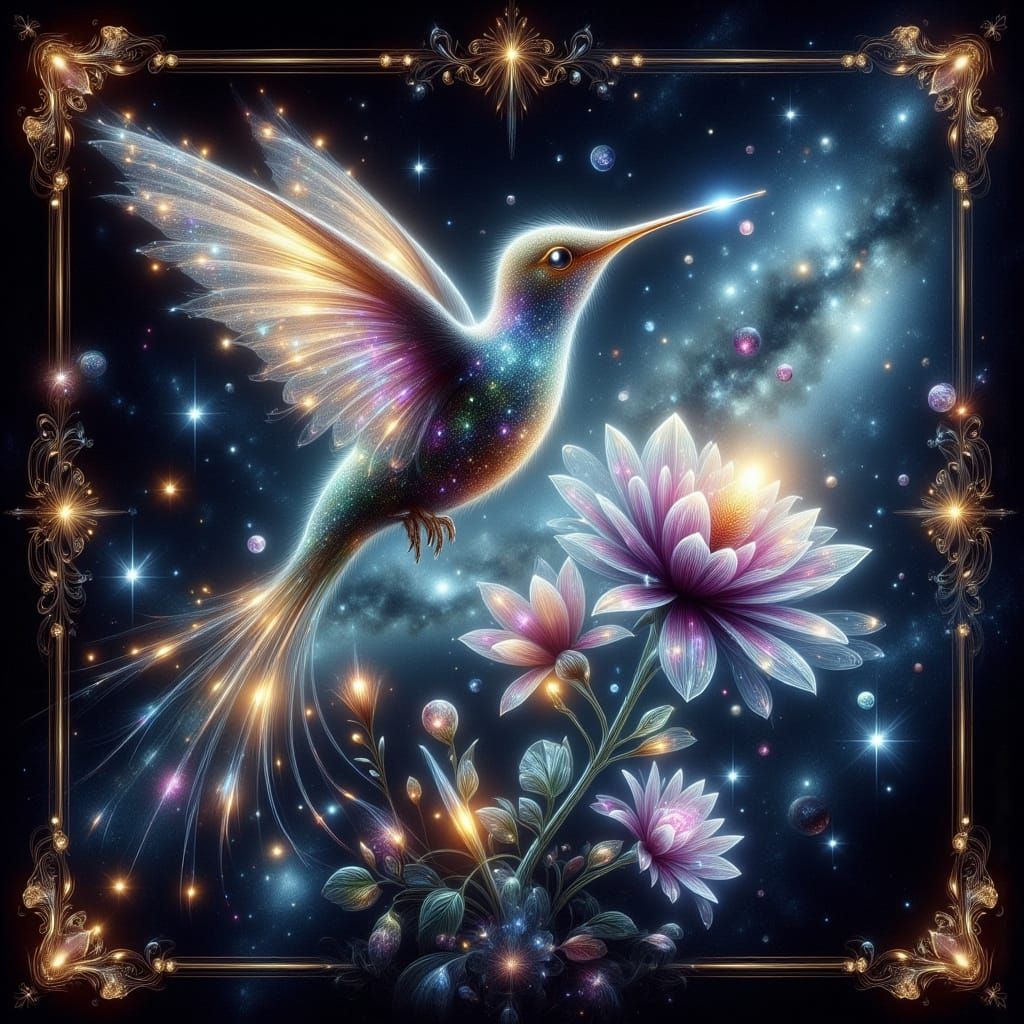 Celestial Hummingbird Sipping Nectar in Nebula