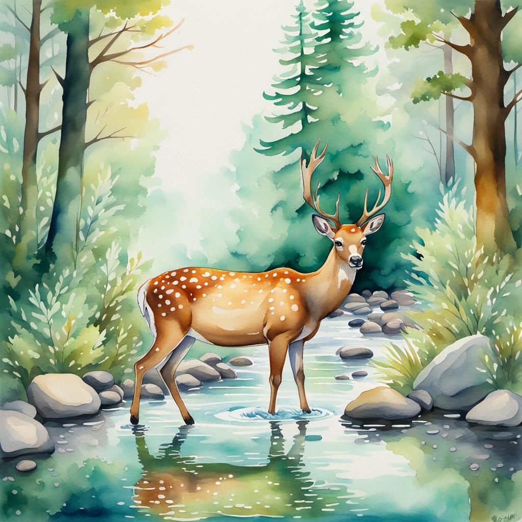 Whimsical Deer in Forest Stream, Watercolor and Ink