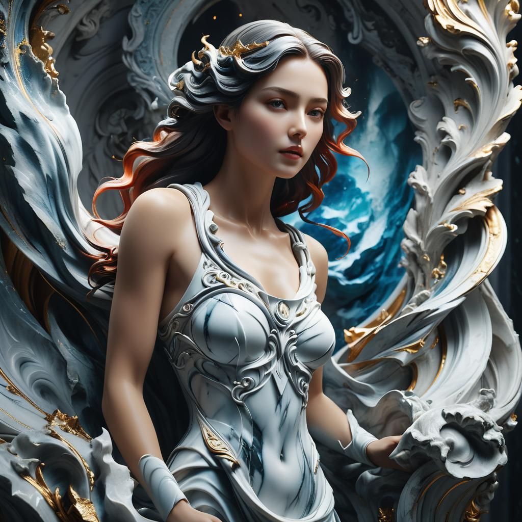 Ethereal Woman Emerges from Marble Sculpture