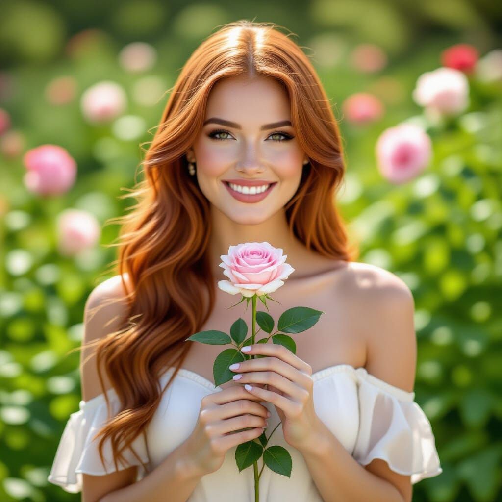 Woman with Red Hair Holding a Rose in Garden