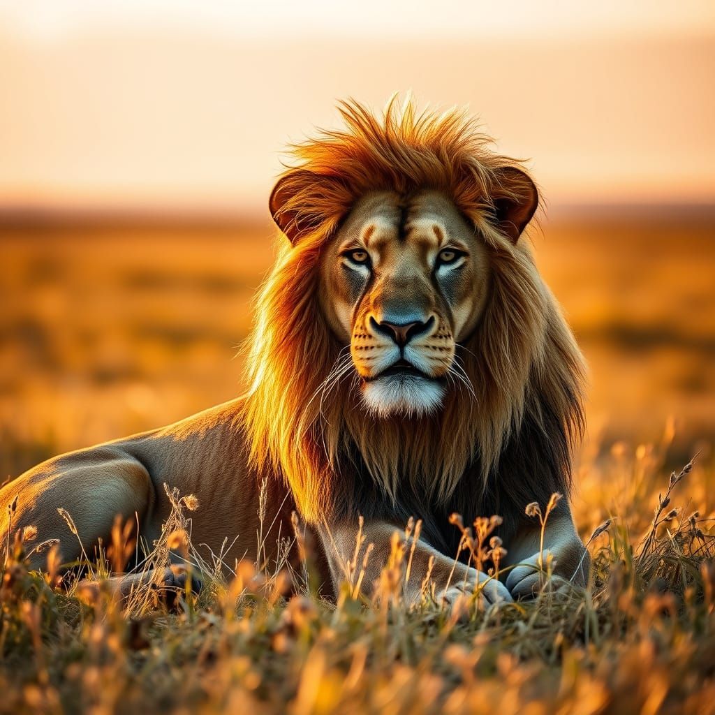 Lion in Golden Field at Sunset: Ultra Realistic Photo