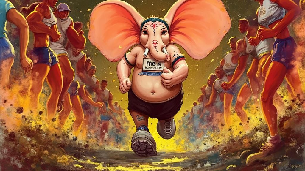 Lord Ganesha, with two arms, running in a marathon. lots of ...
