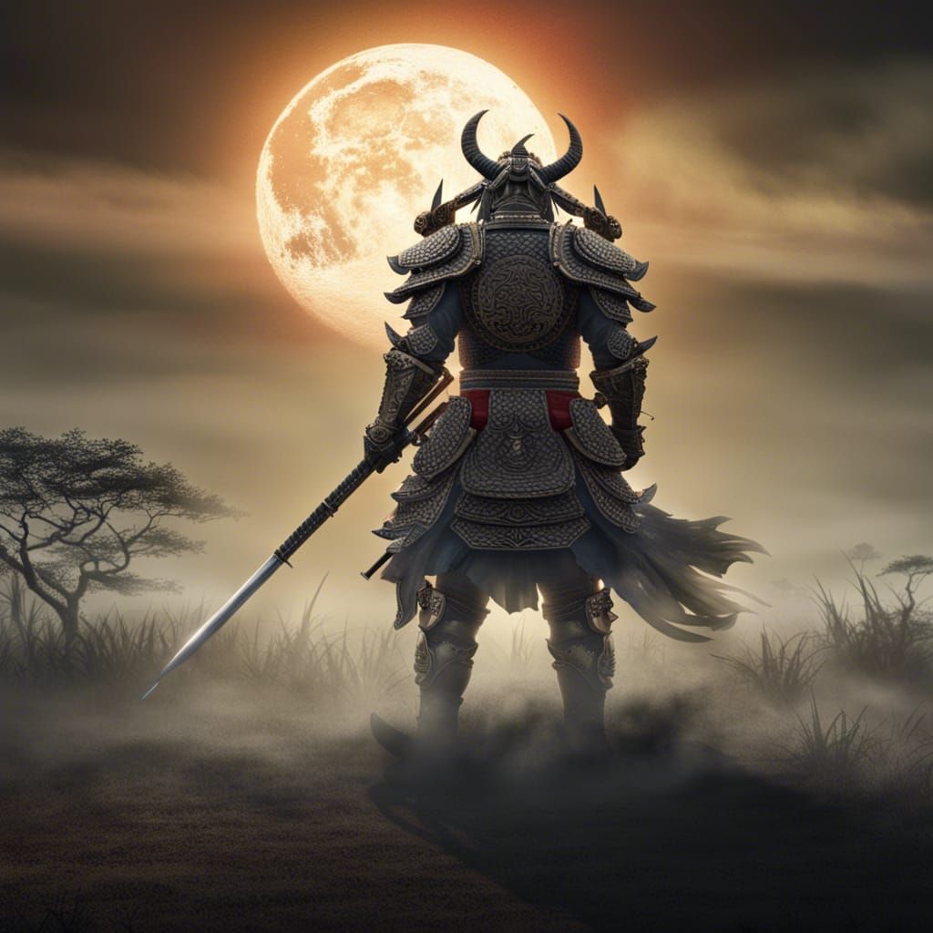 Samurai Confronts Oni Demon in Misty Field