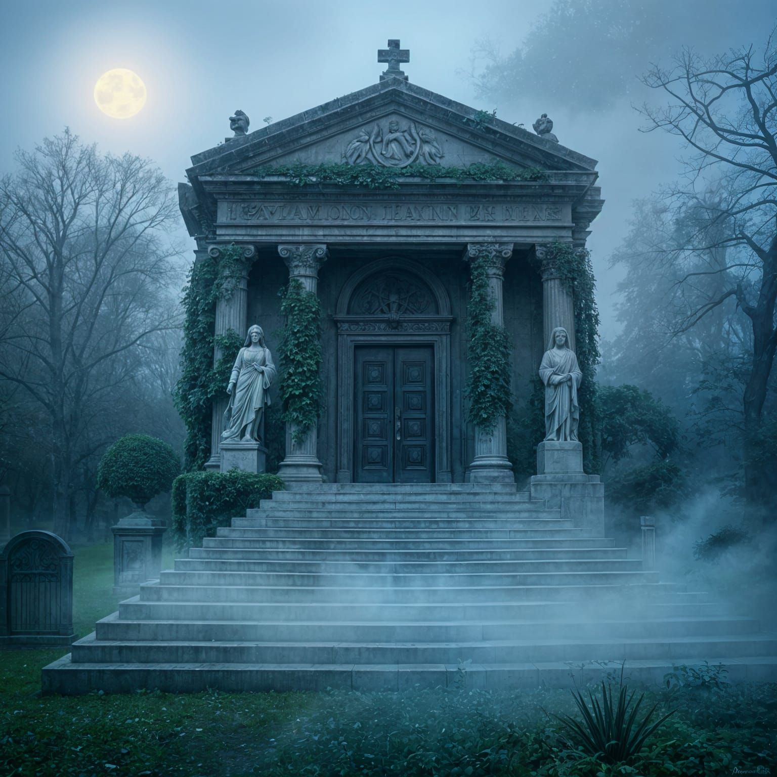 Ancient Mausoleum in Moonlit Graveyard