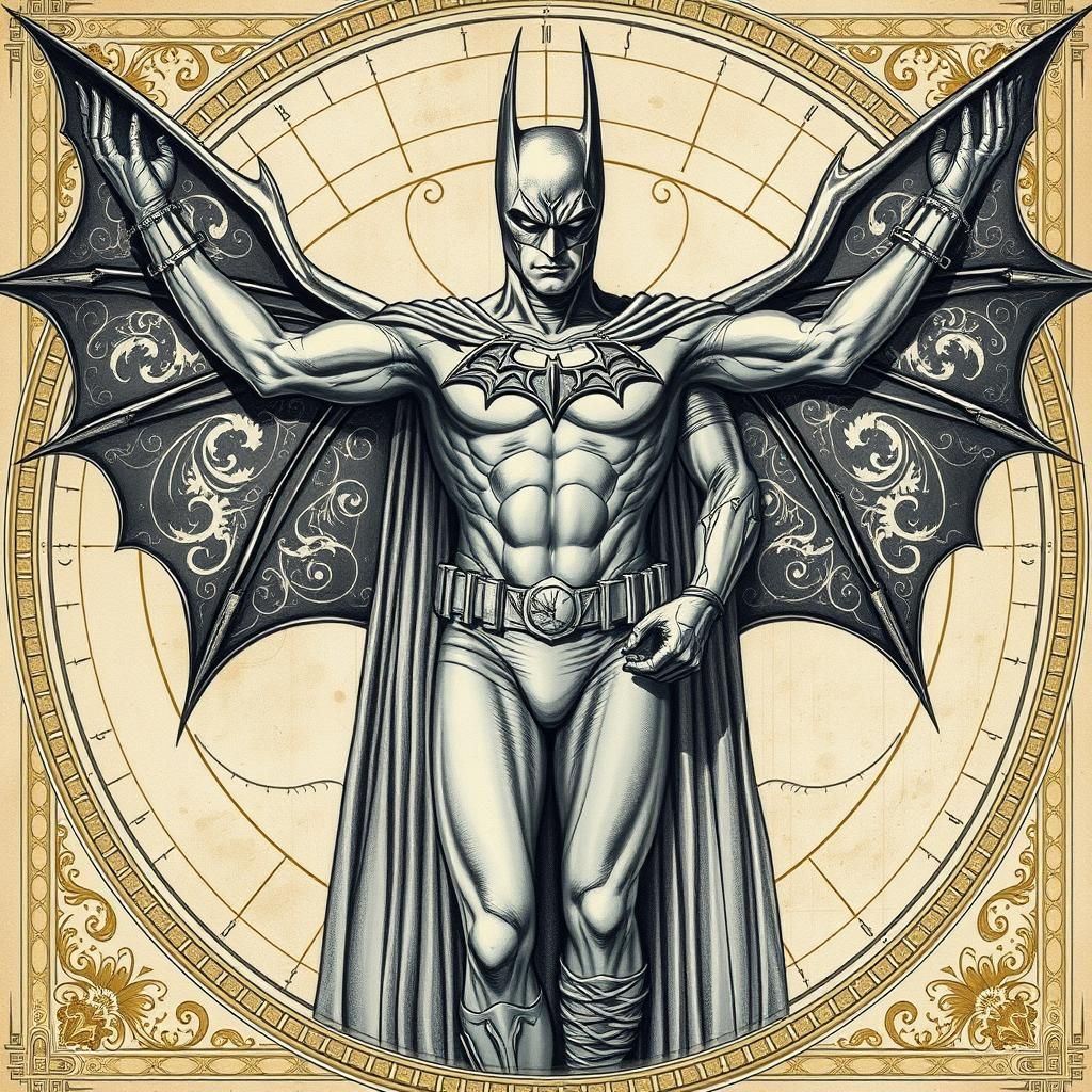 Batman as Vitruvian Man in Charcoal Drawing Style