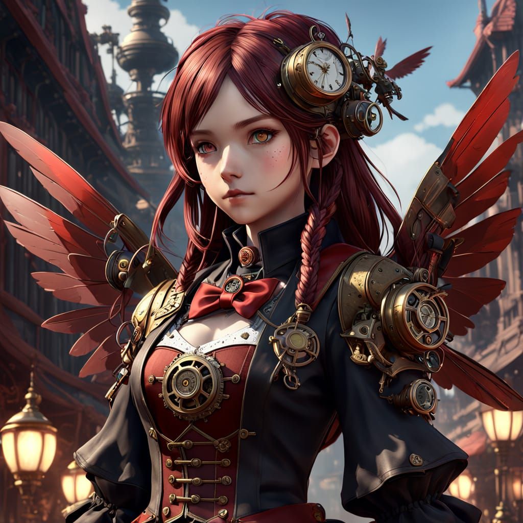 Steampunk Angel with Dark Red Feathers