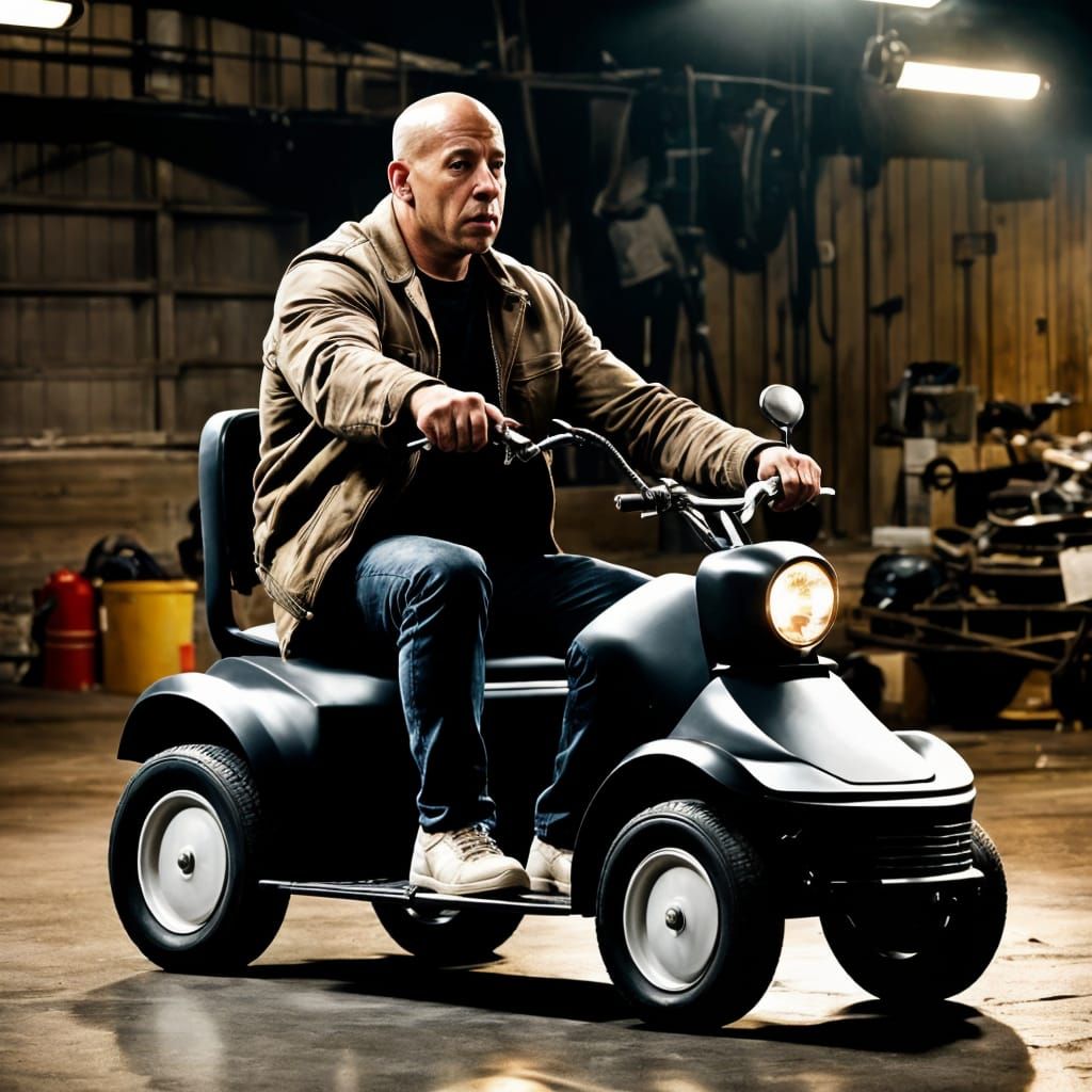 Elderly Vin Diesel on Hoveround: Hyperrealistic Movie Still