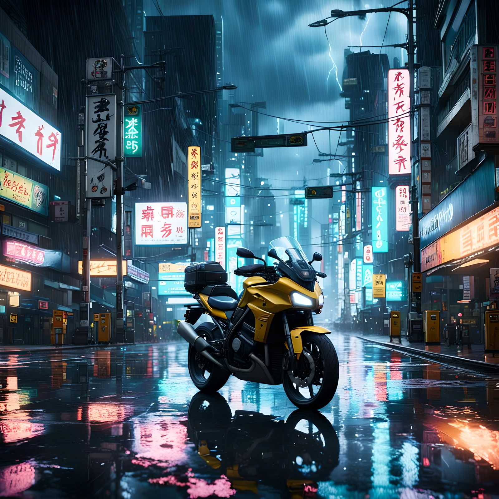Cyberpunk Bike Gunfight in Rainy Neo-Tokyo