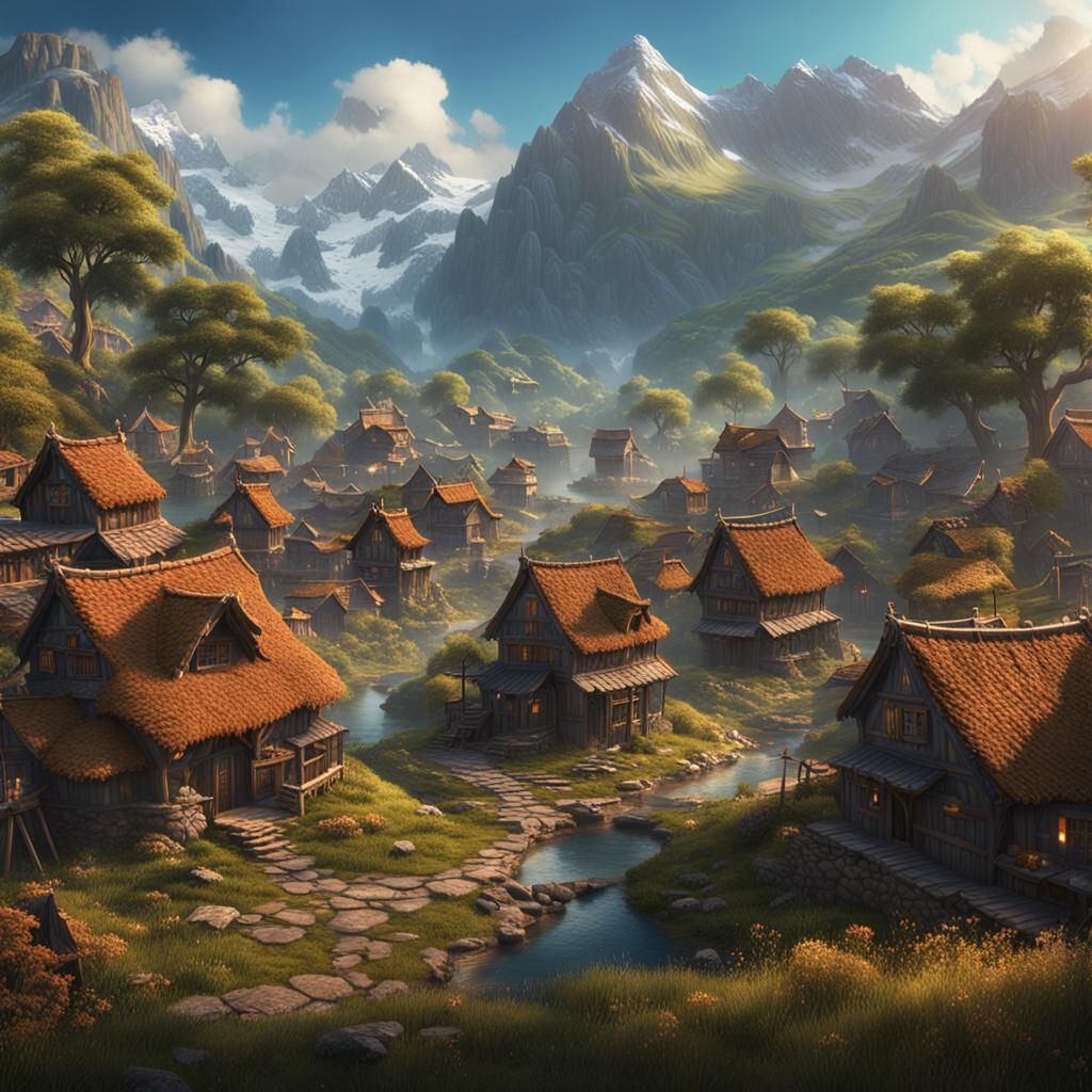 Fantastical Village in Mountain Valley: Detailed Matte Paint...