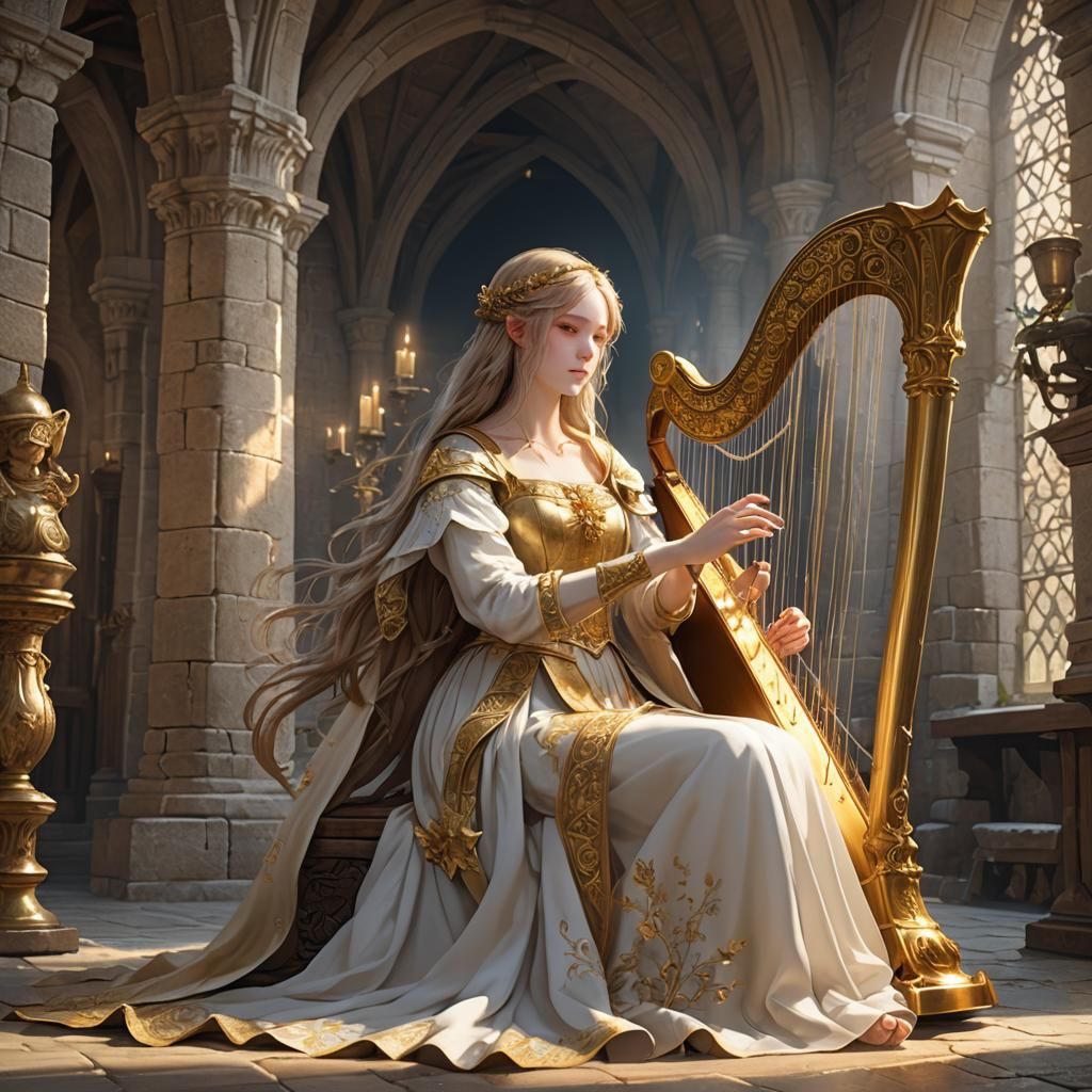 Ethereal Maiden Plays Harp: 3D Anime Art