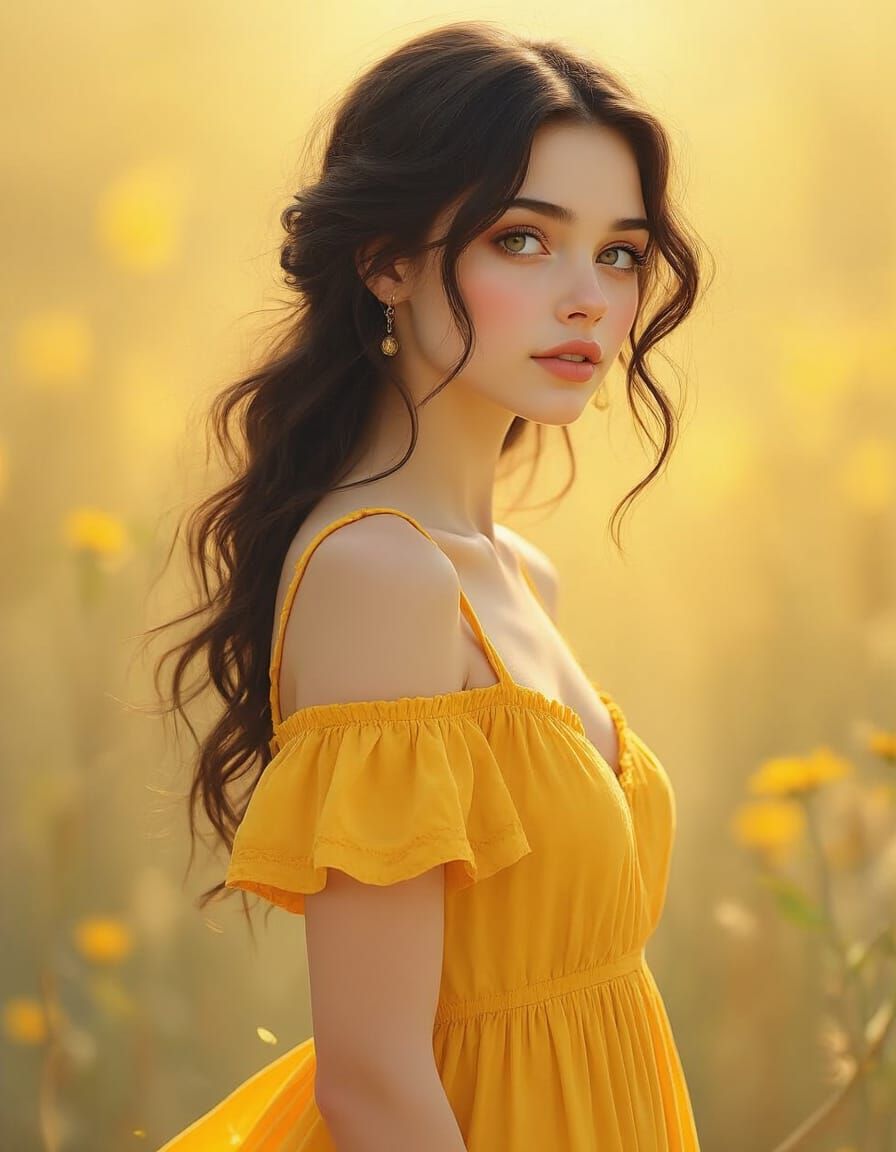 Young Woman in Yellow Sundress, Art Nouveau Style