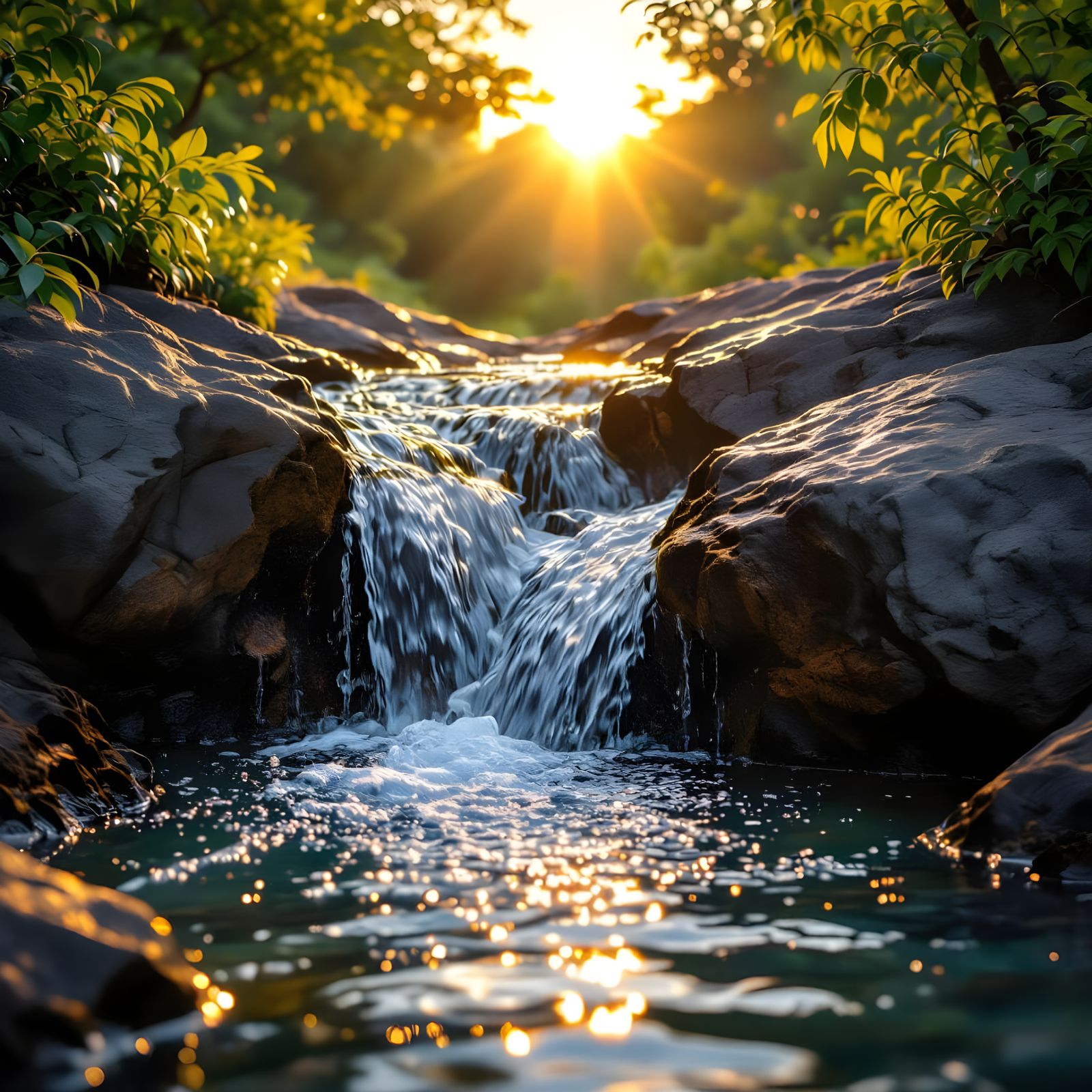 Golden Hour Waterfall Serenity in Photorealistic Detail