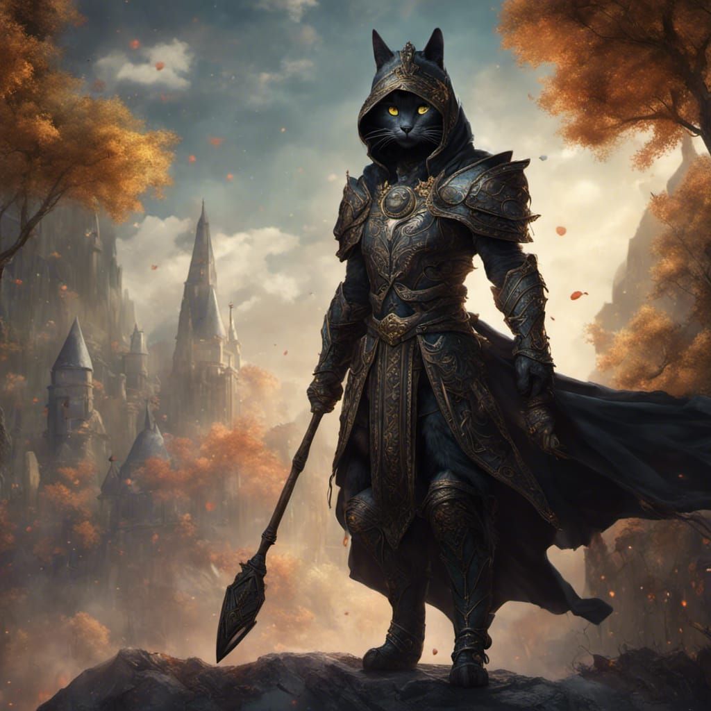 Black Cat Cleric with Spear: Fantasy Art