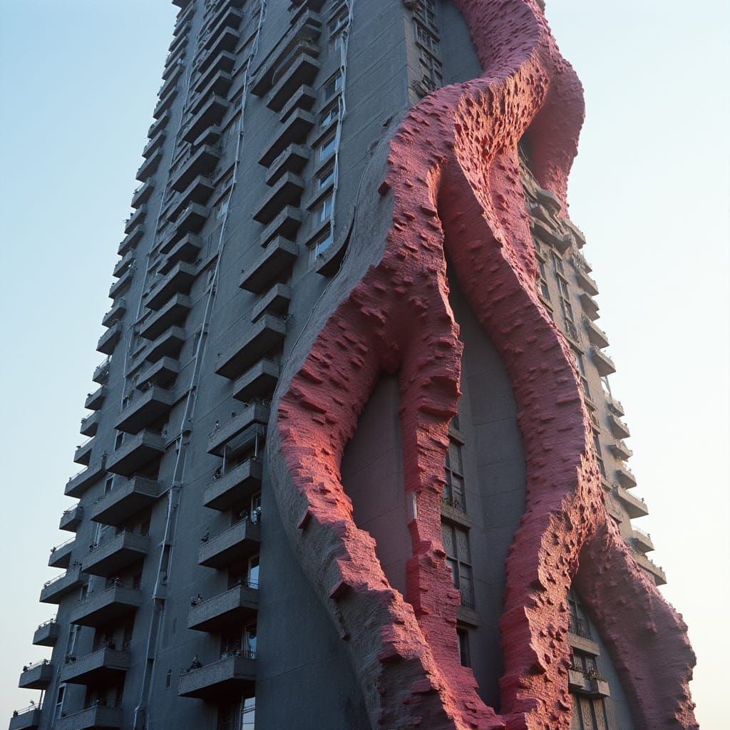 Dystopian Skyscraper: Textured Facade with Bold Brickwork
