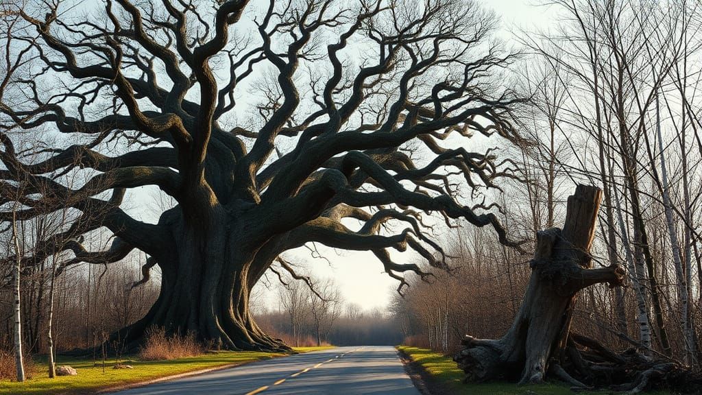 Ancient Oak Tree's Defiant Stance in Spring Forest